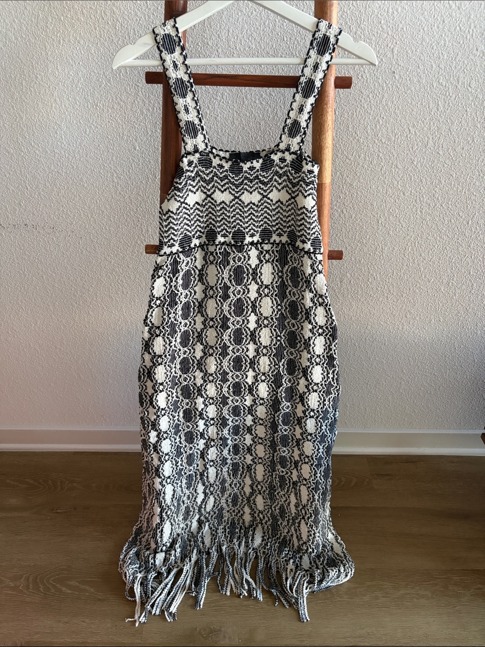 Zara Black & White Crochet Fringe Maxi Dress